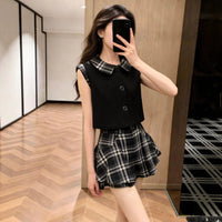 French Style Vest & Plaid Shorts Two-Piece Outfit