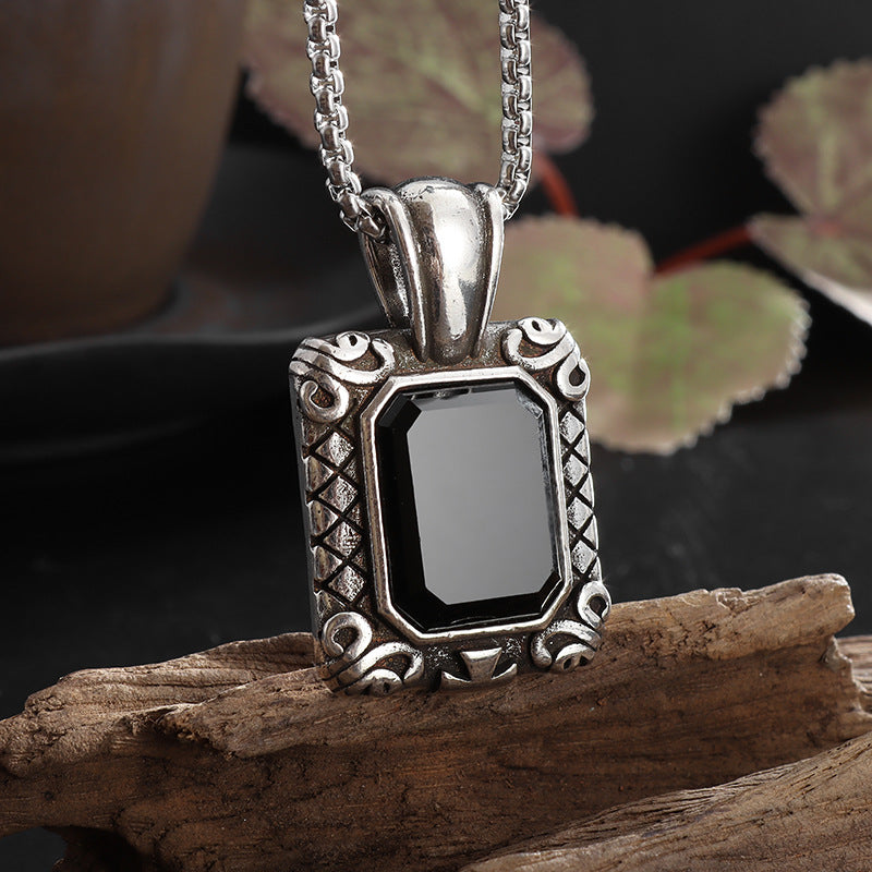 Square Black Gemstone Pendant Necklace for Women, Eco-Friendly Alloy, Fashionable Light Luxury Design