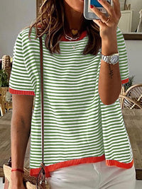 2025 New Knitted Sweater European and American Style Striped Color Block Drop Shoulder Short Sleeve Top