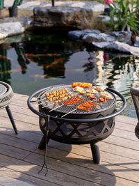 Outdoor Patio Round Fire Pit BBQ Grill with Heating Brazier and Log Grate