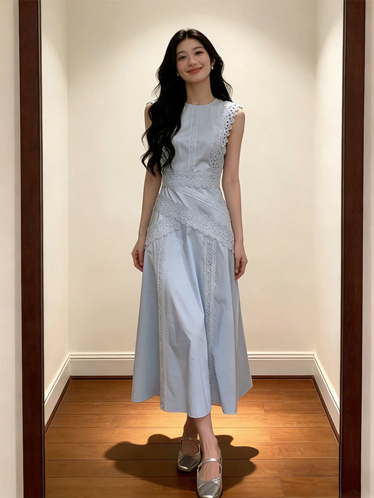 French Style Lace Patchwork Sleeveless Long Dress for Women, Blue