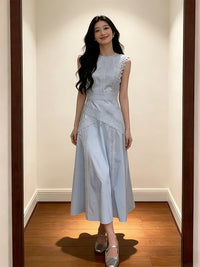French Style Lace Patchwork Sleeveless Long Dress for Women, Blue
