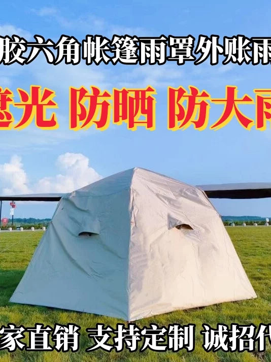 Large Hexagonal Rainproof Tarp with Blackout Coating for Camping and Beach, Sunshade and Storm Protection
