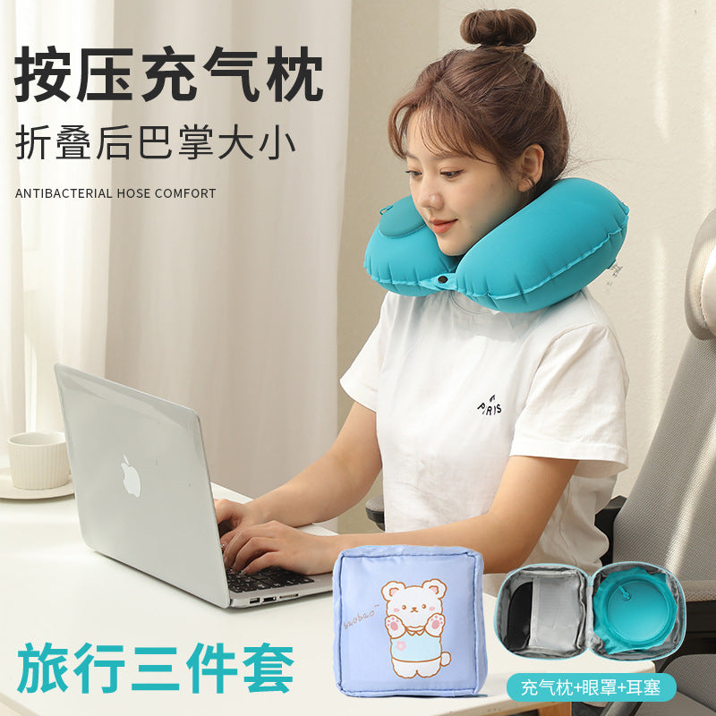 Inflatable U-Shaped Cooling Neck Pillow for Travel with Press Pump, Portable and Packable