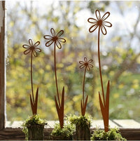 Rustic Metal Flower Garden Stakes, 4-Piece Set for Outdoor Yard Decor