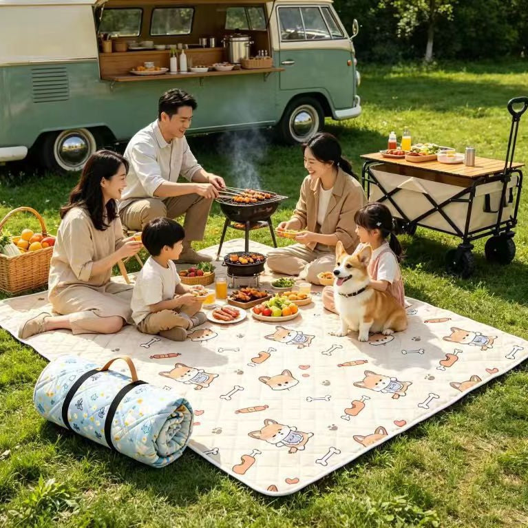 Portable Outdoor Camping Picnic Mat with Cute Shiba Inu Pattern, Moisture-proof and Machine Washable