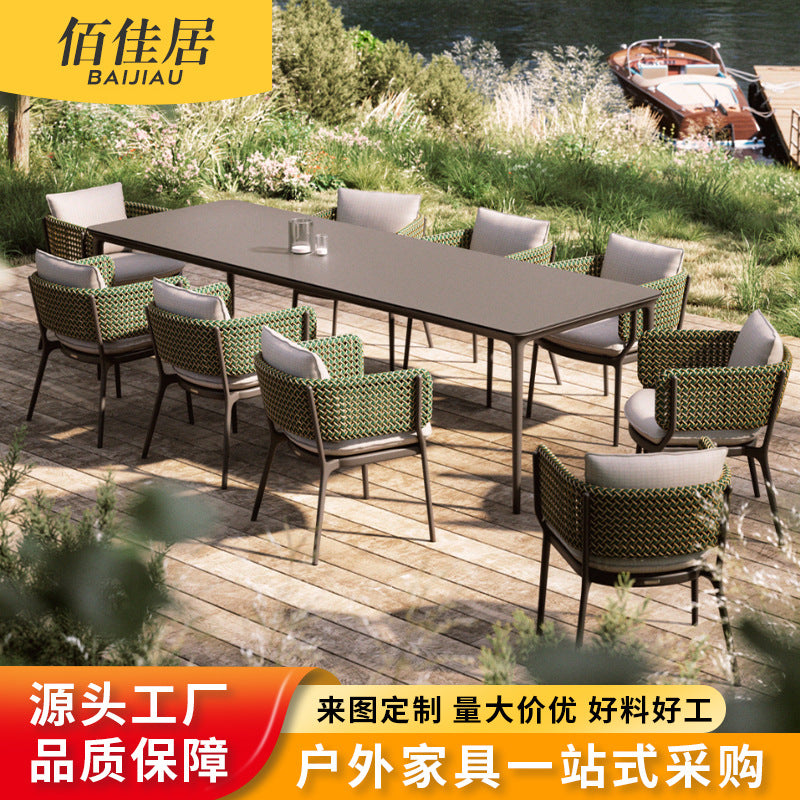 Outdoor Wicker Patio Dining Set with Aluminum Frame and Rock Slab Tabletop, Weather-Resistant Garden Furniture