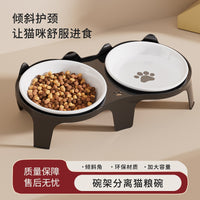 Elevated Ceramic/Stainless Steel Double Cat Bowl for Food and Water, Tilted for Neck Protection, Non-Slip