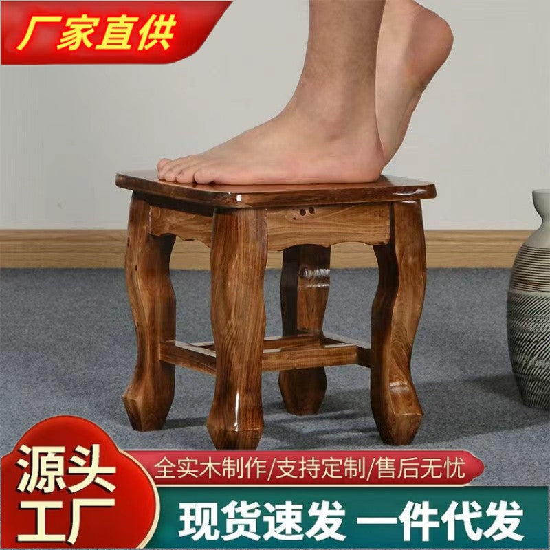 Cedar Wood Square Stool with Mortise and Tenon Joints, Retro Tiger Leg Design, Solid Wood Shoe Changing Bench