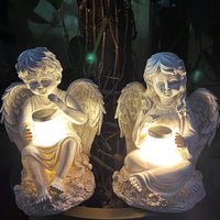 Solar Powered Angel Statue Garden Decor with Lantern - Boy or Girl Resin Figurine for Outdoor Patio Yard