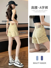 Women's High-Waisted A-Line Denim Shorts with Frayed Hem