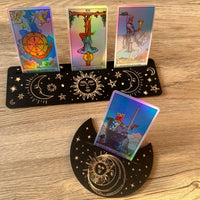 Tarot Card Wooden Display Stand Moon Shaped Base Holder Clip Set