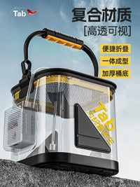 Portable Collapsible Fishing Bucket with Transparent Design and Side Pocket for Live Fish and Water Retrieval