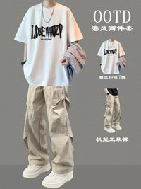 Men's Summer Casual Two-Piece Outfit Short Sleeve Top & Long Pants Set