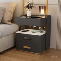 Smart Nightstand with Wireless Charging, LED Light, and Power Strip, Modern Luxury Rock Board Bedside Table with Storage for Home