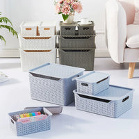 Thickened Lidded Storage Basket Plastic Organizer Box for Desktop Snacks and Sundries, Breathable Rattan-Imitation