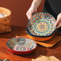 Bohemian Style Underglaze Ceramic Deep Plate for Dining, 8-inch, High Temperature Resistant