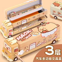 Cartoon Capybara School Bus Pencil Case, Large Capacity Three-Layer Metal Stationery Box for Students