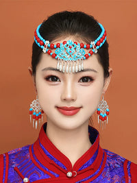 Mongolian Dance Headdress and Earrings Set for Stage Performance and Ethnic Attire