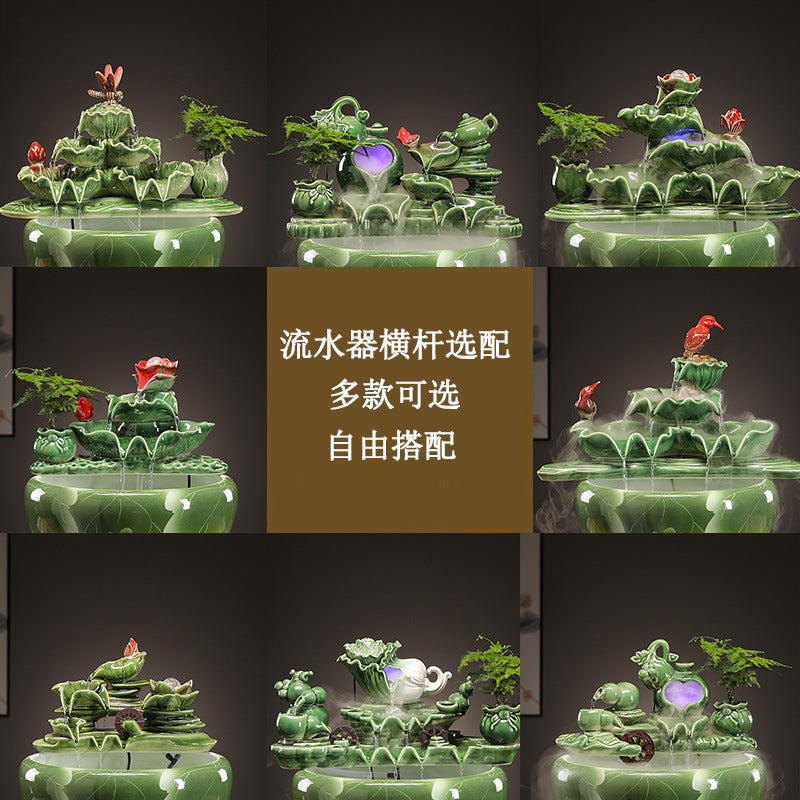 Ceramic Tabletop Water Fountain with Fish Tank Oxygenator and LED Light for Home Decor