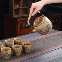 Handmade Retro Ceramic Teapot Set with Beam Handle and Large Cups, Japanese Style Coarse Pottery Wood-Fired Tea Set