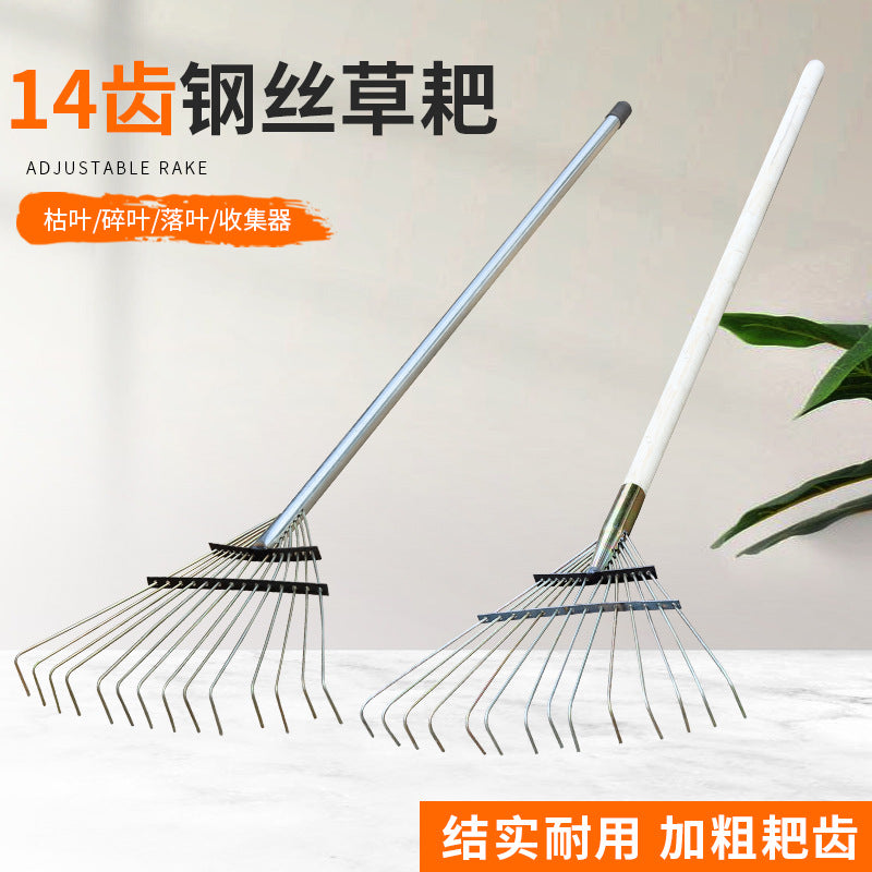 Steel Wire Leaf Rake, Large Garden Rake with Wooden Handle for Leaves and Debris