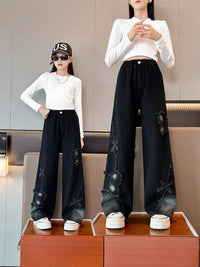 Girls' Wide-Leg Jeans with Butterfly Patch, Casual Denim Trousers for Students