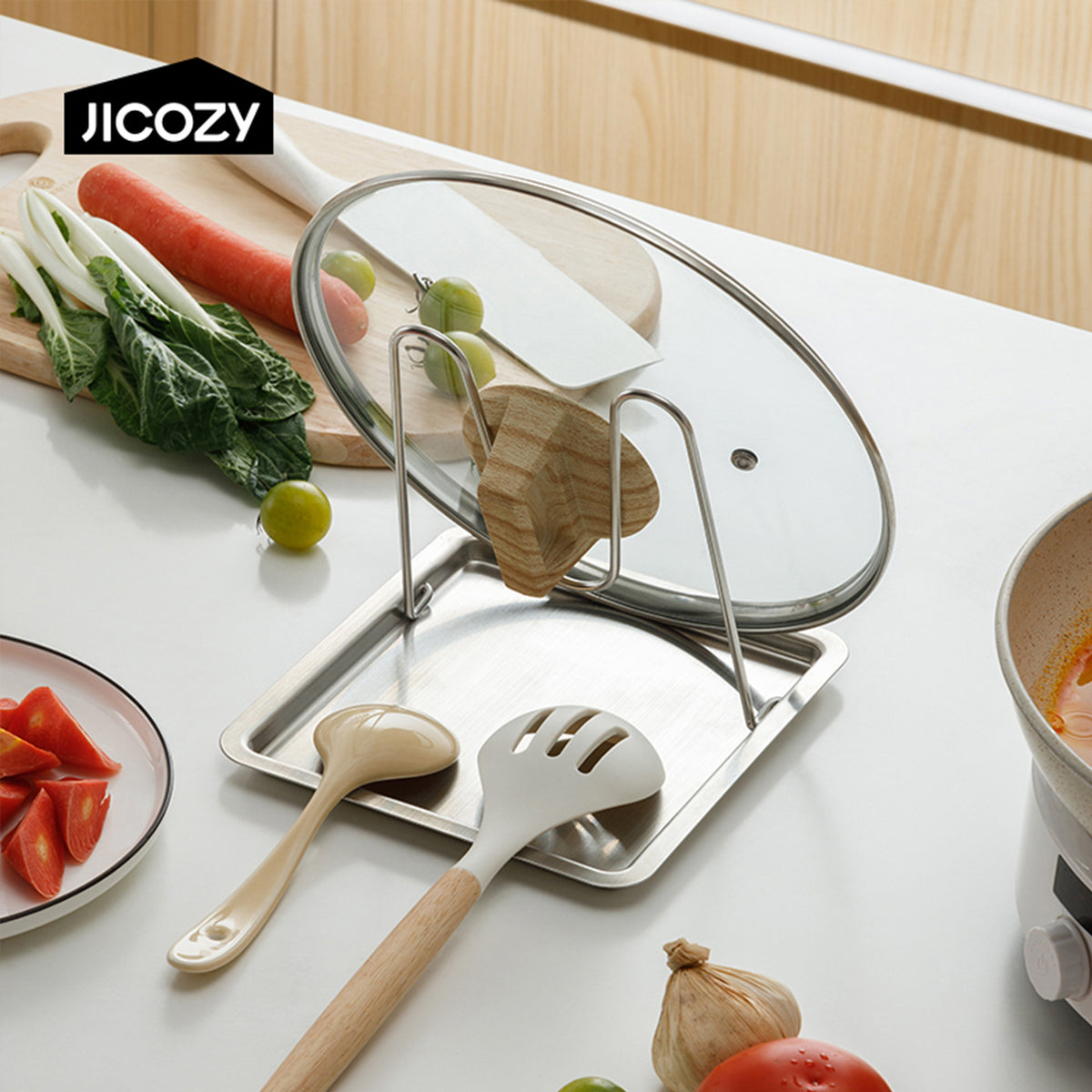 Jicang 304 Stainless Steel Pot Lid Holder Kitchen Countertop Organizer for Pot Lids, Spatulas, and Ladles
