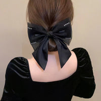 Mesh Pearl Black Bow Hair Clip for Women, Elegant Satin Top Clip Hair Accessory