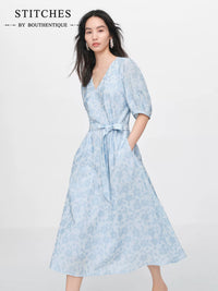 STITCHES Jacquard V-Neck Lantern Sleeve High-Waist Midi Dress for Women