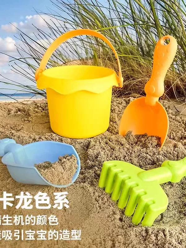 Kids Beach Sand Toy Set with Bucket, Shovel, Rake, and Soft Rubber Bath Play Tools