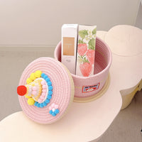 Cartoon Fabric Storage Basket with Lid, Large Capacity Desktop Organizer for Home, Small Cake Storage Bin