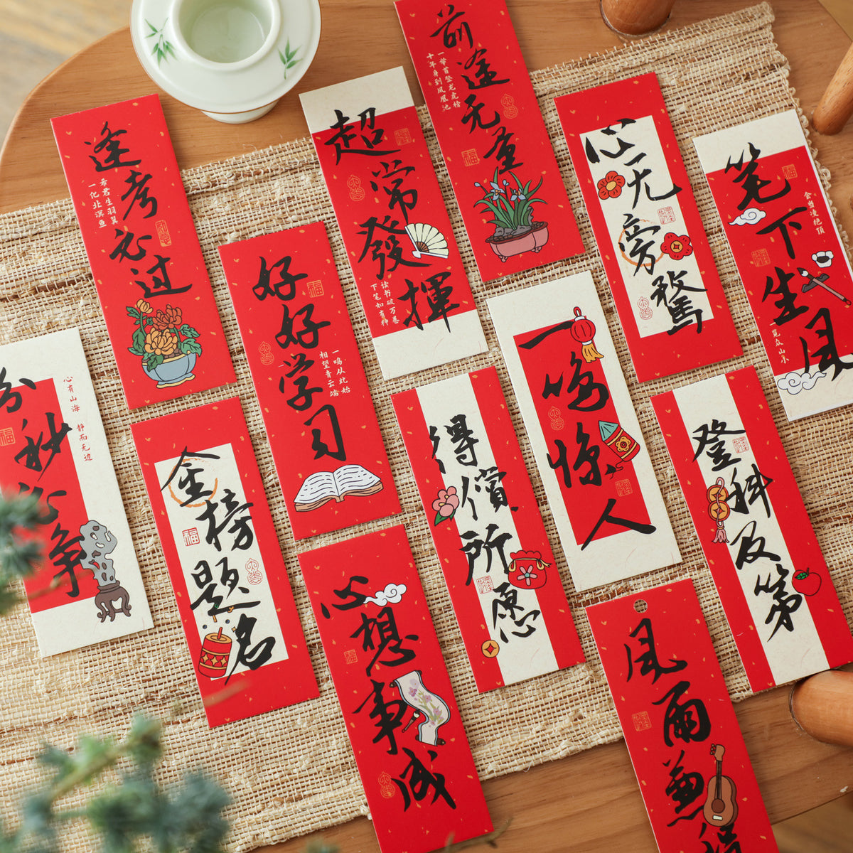 30-Pack Chinese Style Bookmark Set with Tassel and Blessing Cards for Classroom Decor