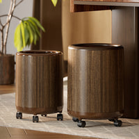 Wood Grain Round Trash Can with Wheels, Large Capacity Household Waste Bin