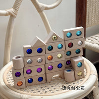 Wooden Rainbow Gem Building Blocks for Kids, Translucent Acrylic, Unpainted Beechwood
