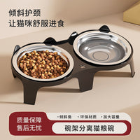 Elevated Ceramic/Stainless Steel Double Cat Bowl for Food and Water, Tilted for Neck Protection, Non-Slip