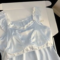 Women's Ice Silk Pajama Set with Built-in Bra Pads, Short Sleeve Lace Trim Homewear