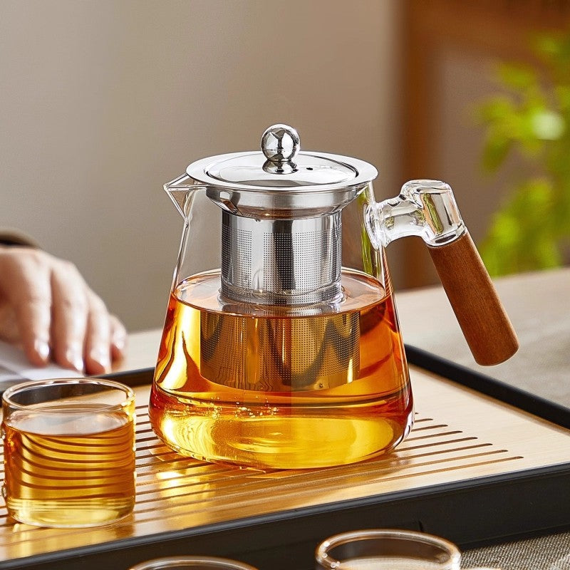 Heat-Resistant Glass Teapot with Wooden Side Handle for Blooming Tea & Boiling Water, Teaware Set