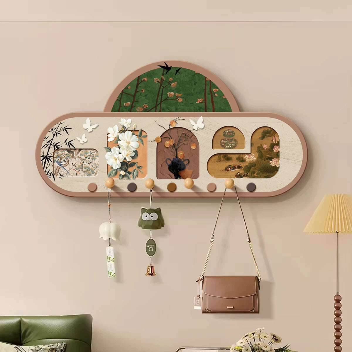 Pegboard Entryway Wall Organizer with Hooks and Decorative Art Panel, No-Drill Installation