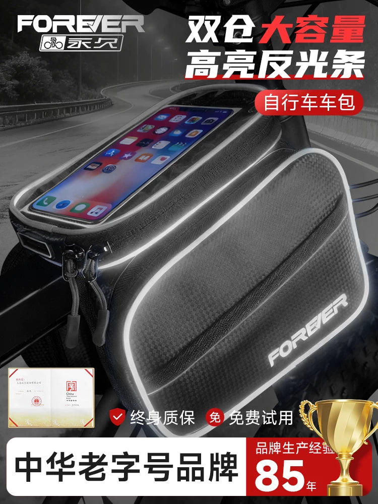Bicycle Frame Bag with Phone Holder, Waterproof Cycling Storage Pouch for Mountain and Road Bikes