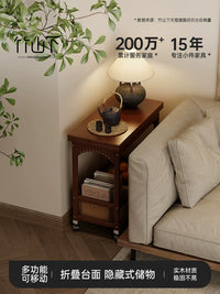 Solid Wood Folding Side Table with Wheels and Storage Shelf for Living Room
