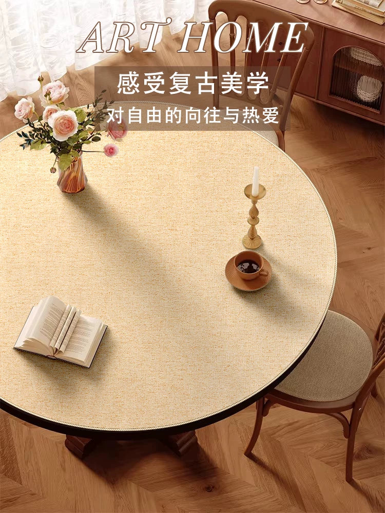 Vintage Solid Color Linen Round Tablecloth Waterproof Easy Care Dining Table Protector Mahjong Tea Table Mat