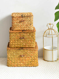 Seagrass Woven Storage Basket with Lid for Snacks, Sundries, and Home Organization
