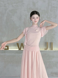 Classical Dance Gauze Top for Women - Elegant Mesh Practice Wear with Flutter Sleeves