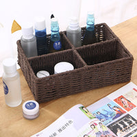Multi-Compartment Woven Desktop Organizer Basket for Cosmetics and Remotes