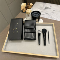 YS Saint 3-Piece Portable Makeup Brush Set with Leather Pouch for Blush, Foundation, and Lip