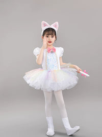 Kids Sequin Cat Costume Set with Headpiece, Foot Covers, Tail, and Bow for Dance Performance