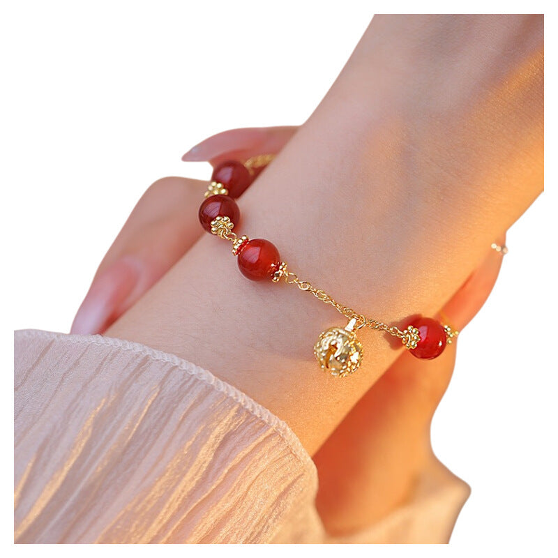 New Chinese Style Red Agate Bracelet with Bell and Lucky Charms for Women