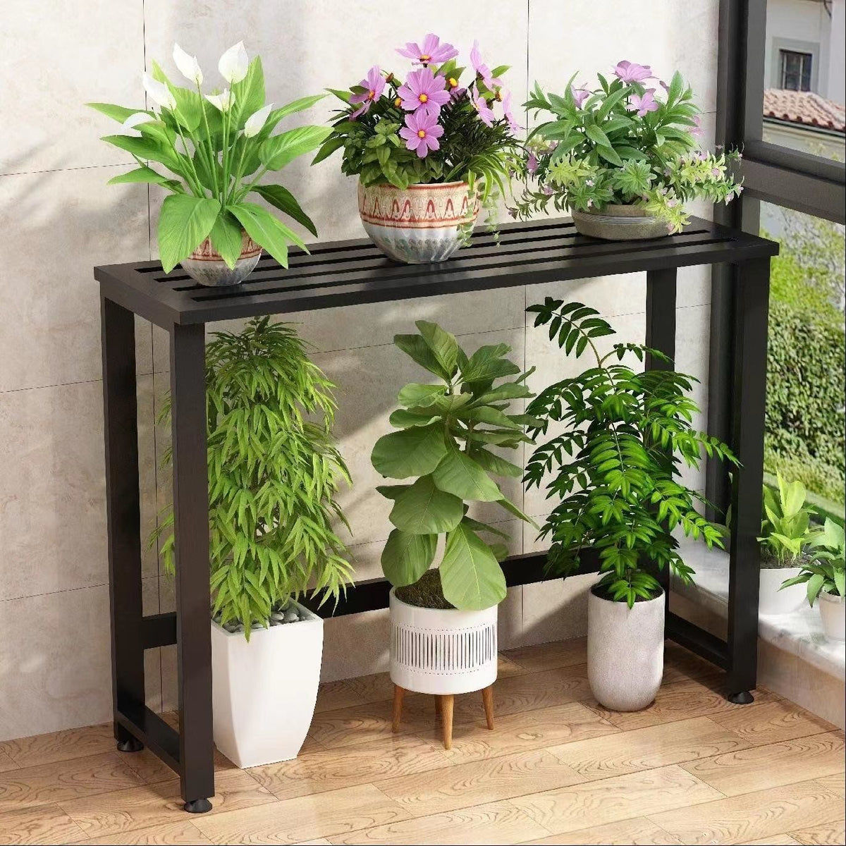 Outdoor Rustproof Iron Plant Stand for Balcony and Patio, AC Unit Cover Shelf, Garden Display Rack