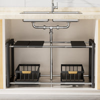 Under-Sink Pull-Out Storage Rack for Kitchen Cabinets, Expandable 2-Tier Organizer for Pots and Pans